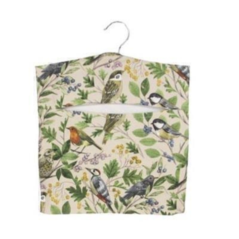Cotton peg bag with a lovely bird and tree pattern printed on By the designer Gisela Graham who designs really beautiful gifts for your garden and home. (LxWxD)29x37x2cm